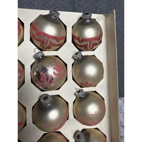 Vtg Shiny Brite Glass Ornaments Box 12 Stencil Glitter Solid Xmas USA READ - Picture 5 of 10